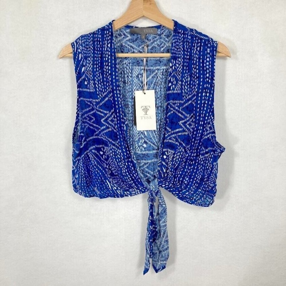 NWT Tysa Sleeveless Blue And White Tie Front Blouse Size Large